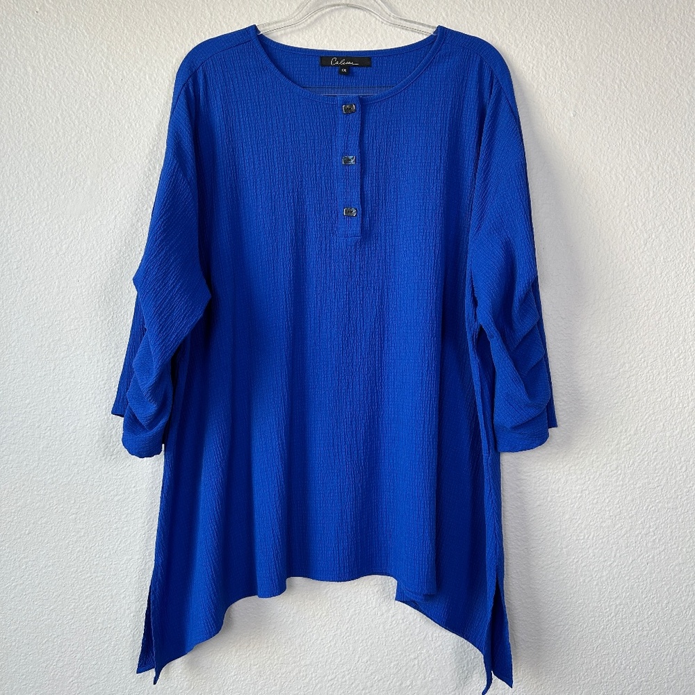 Calessa plus size 1X tunic top A-line 3/4 sleeve cobalt blue textured cotton
